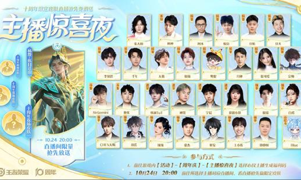 王者荣耀十周年惊喜加码 参与主播惊喜夜活动赢皮肤