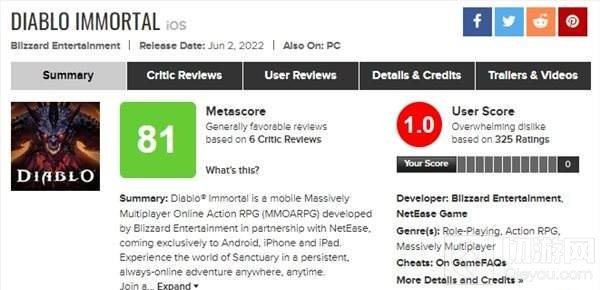 暗黑不朽M站玩家评分仅1分 氪金值引网友愤怒